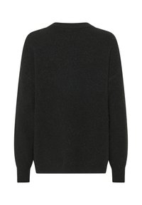Dunkelgrauer Pullover mit gerippter Textur, lockerer Passform, überschnittenen Schultern und langen Ärmeln. Verfügt über einen schlichten Rundhalsausschnitt ohne Verzierungen.