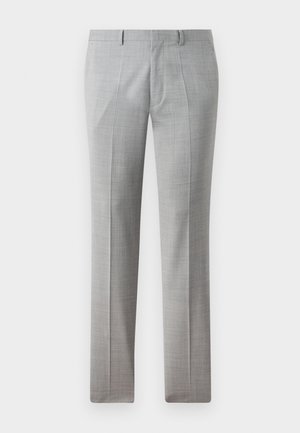 Gray tailored pants made from a smooth fabric, featuring a fine check pattern, straight legs, and belt loops. No pockets visible.