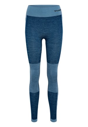 Blaue Sportleggings mit einem gerippten Bund, unterschiedlichen Texturen und Einsätzen in verschiedenen Blautönen, die eine figurbetonte Passform bieten.