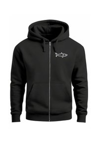Black zip-up hoodie made of soft fabric, featuring a front pocket and a white shark graphic on the left chest area.