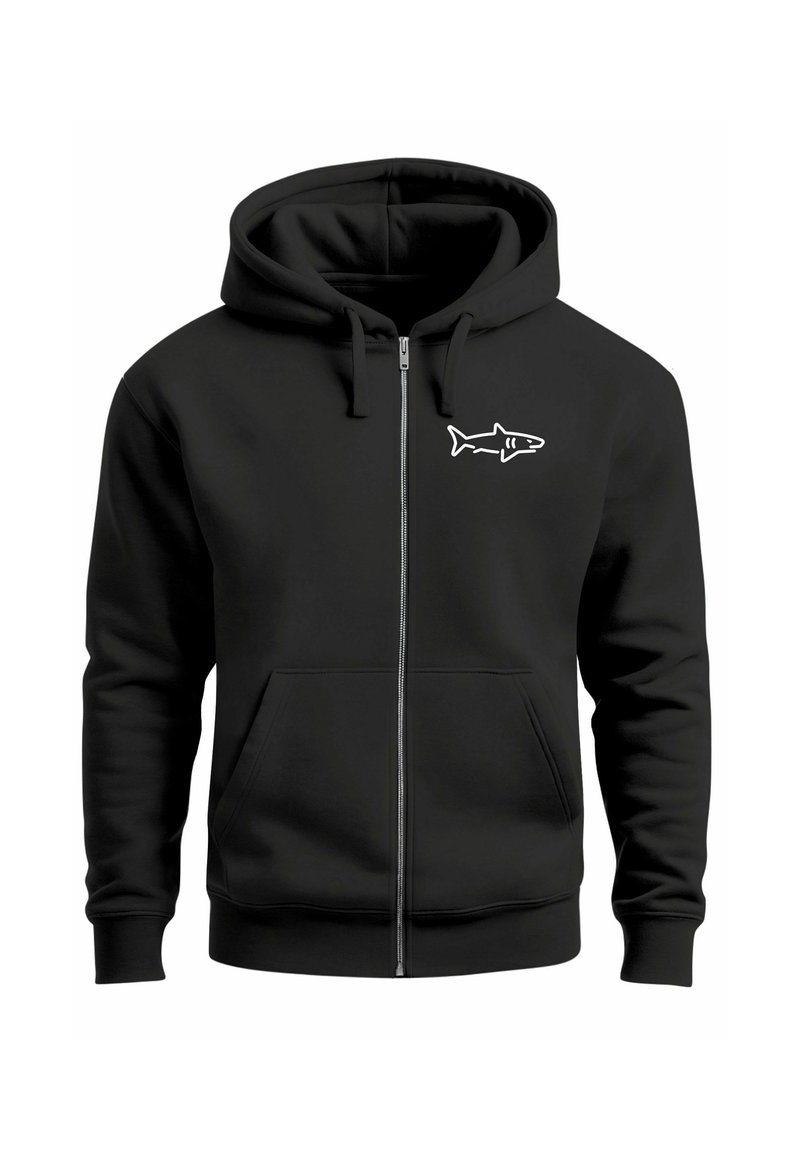 Black zip-up hoodie made of soft fabric, featuring a front pocket and a white shark graphic on the left chest area.