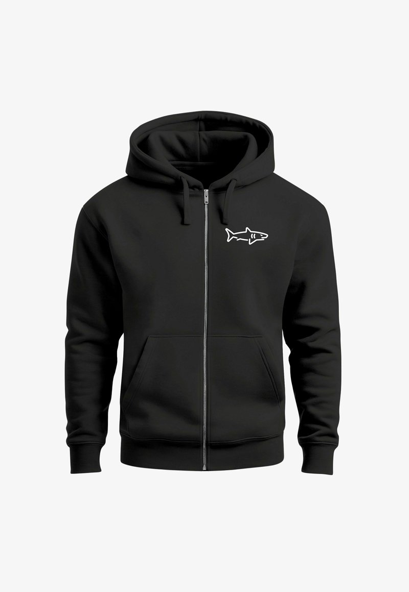 Black zip-up hoodie made of soft fabric, featuring a front pocket and a white shark graphic on the left chest area.