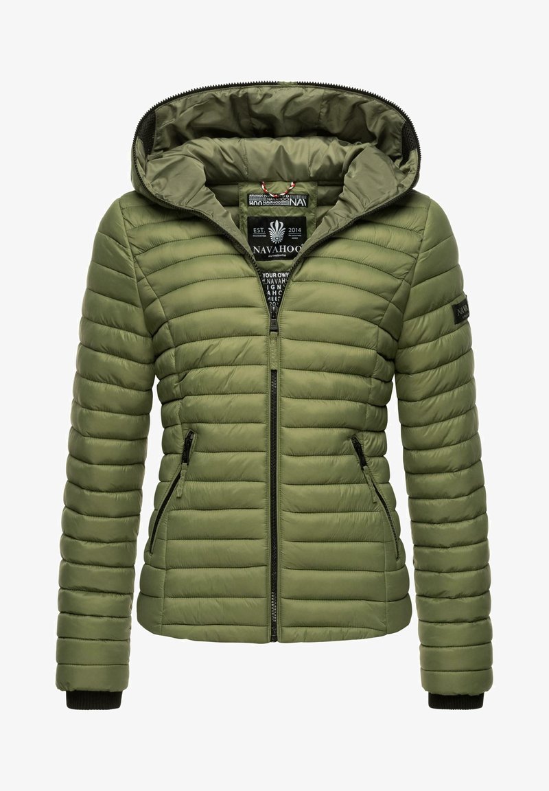 Olive green puffer jacket with a zippered front, hood, and ribbed cuffs. Features a quilted design and two side pockets.