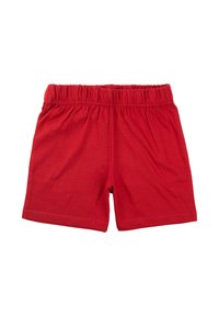 Pantaloni corti rossi in cotone con cintura elastica, caratterizzati da un design semplice e una trama liscia. Nessuna tasca o ulteriori decorazioni.