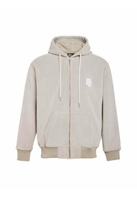 Haut zippé gris clair, en matériau polaire doux, capuche réglable avec cordon de serrage, deux poches avant, poignets et ourlet côtelés, petit logo sur la poitrine.