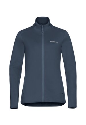 Navyblauwe full-zip jack met lange mouwen, gestructureerde stof, opstaande kraag en logo aan de bovenkant aan de linkerkant. Lichtgewicht ontwerp.