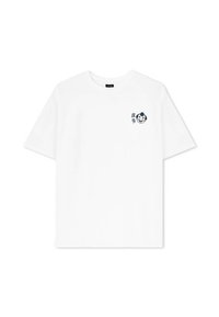 White cotton t-shirt with short sleeves, featuring a small blue and red graphic of a smiling face on the left chest area.