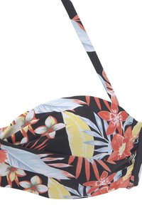 Top bikini floreale con coppe imbottite, caratterizzato da grandi fiori rossi e bianchi, foglie verdi e sfondo nero. Spalline sottili regolabili.
