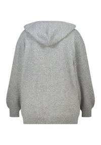 Grijze gebreide hoodie met een zachte textuur, voorzien van een afgeronde capuchon, lange mouwen en geribbelde manchetten en zoom. Achteraanzicht dat eenvoud toont.