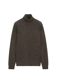 Brązowy sweter z golfem wykonany z teksturowanej dzianiny, z dopasowanym kołnierzem i długimi rękawami, z delikatnym wzorem i luźnym krojem.