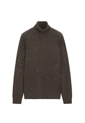 Bruine coltrui gemaakt van gestructureerde brei stof, met een aansluitende kraag en lange mouwen, een subtiel patroon en een losse pasvorm.