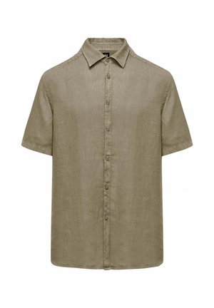 Koszula z krótkim rękawem w kolorze oliwkowym, wykonana z lnu, z zapięciem na guziki z przodu, kołnierzykiem oraz gładkim, teksturowanym materiałem.