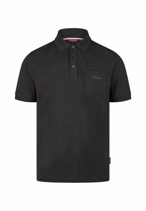 Polo noir en coton, doté d'un col, d'une patte de boutonnage à deux boutons et d'une poche poitrine avec un logo subtil. Manches courtes et ourlet droit.