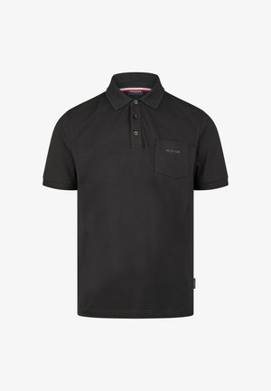 Schwarzes Poloshirt aus Baumwolle mit Kragen, einer Zwei-Knopf-Leiste und einer Brusttasche mit dezentem Logo. Kurzärmlig und mit geradem Saum.