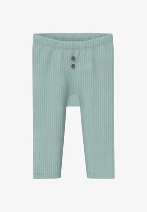 Hellblaue, gerippte Baby-Leggings mit zwei dekorativen braunen Knöpfen am elastischen Bund, gerade Beinform.