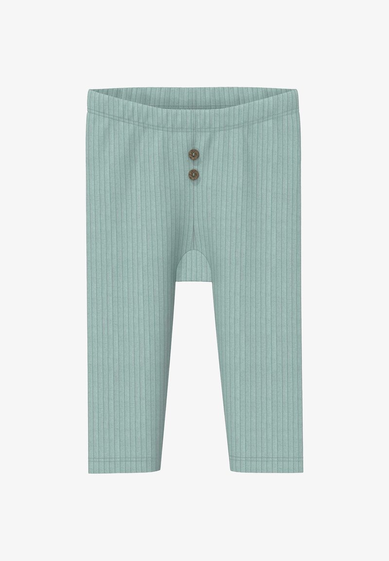 Leggings pour bébé bleu clair à côtes avec deux boutons décoratifs marron sur la ceinture élastique, coupe droite.