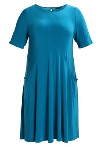 Robe bleu sarcelle longueur genou avec manches courtes, encolure ronde, poches latérales et coupe ample de type ligne A.
