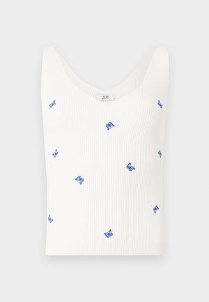 Top in cotone bianco a coste, con piccole ricami di farfalle blu, scollatura a V e spalline larghe.