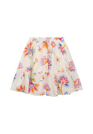 Witte gelaagde rok met kleurrijke geborduurde bloemenpatronen in roze, oranje, blauw en geel, voorzien van een elastische tailleband en een geruffelde zoom.