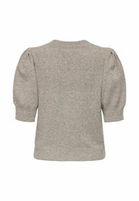  Lichtbruin kortom vest met korte mouwen, opbollende mouwen en geribbelde boorden en zoom, van achteraf weergegeven op een witte achtergrond.