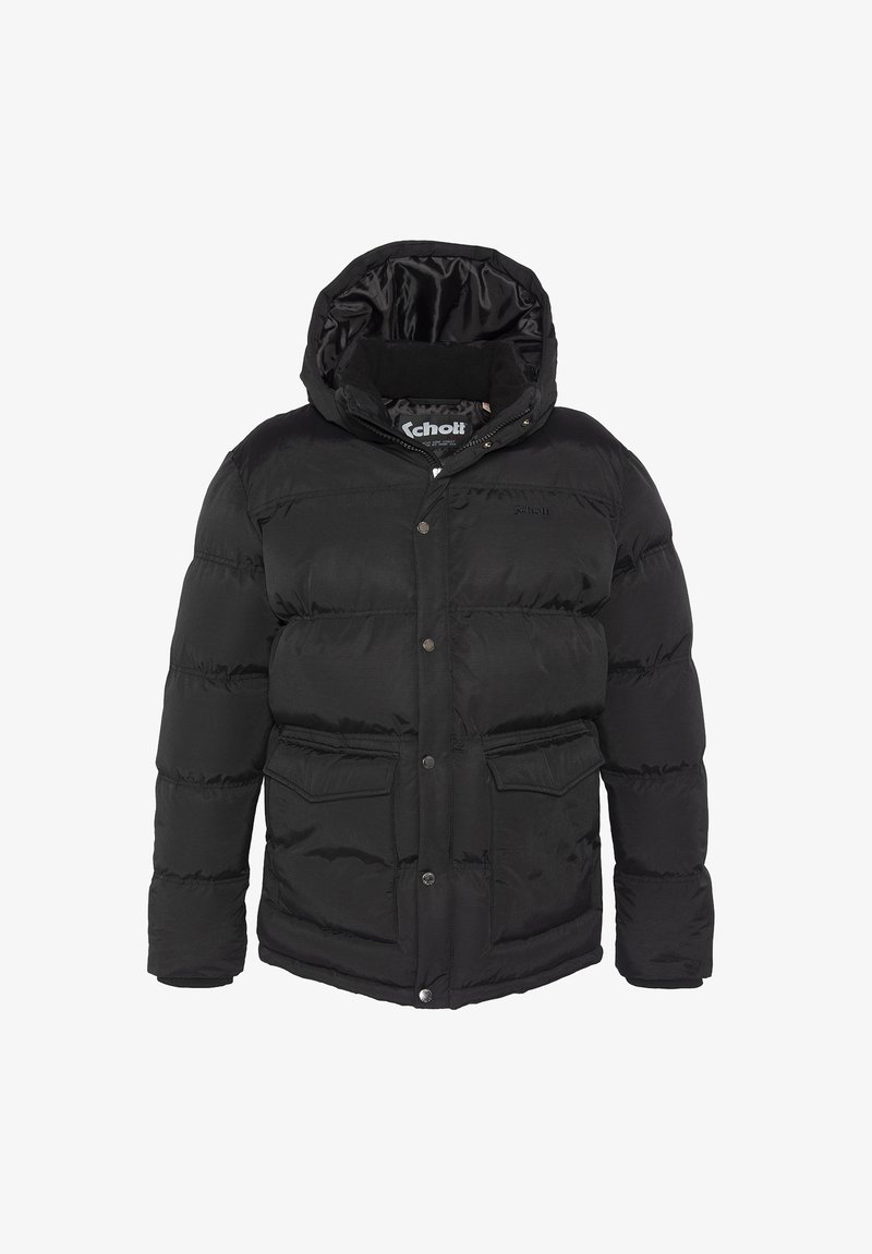 Czarna ocieplana kurtka zimowa z kapturem, przednim zamkiem błyskawicznym, zatrzaskami oraz dwoma przednimi kieszeniami z klapą.