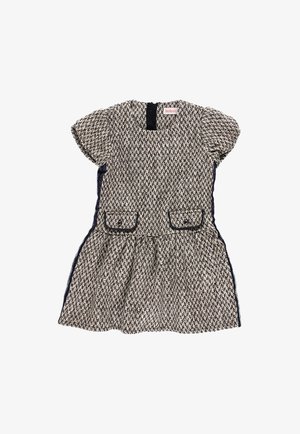 Short-sleeve tweed dress with black trim, front flap pockets, and gathered skirt, designed for children.
