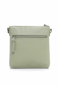 Borsa a tracolla in pelle verde chiaro con finitura textured, dotata di tasca frontale con zip e accessori in metallo argentato.