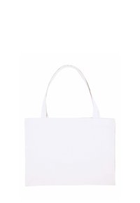 Borsa tote in tela bianca con due manici corti. Forma rettangolare, texture minimale, nessun motivo o accessorio visibile. Design semplice e funzionale.