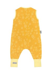 Gelbes Baumwoll-Spielanzug mit ärmellosem Design, verziert mit weißen Blumenmustern. Besitzt gelbe Bündchen an den Knöcheln und ein Markenetikett.