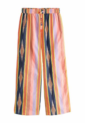 Pantaloni cu croială lejeră, cu dungi verticale în roz, bleumarin, galben, portocaliu și mov, cu talie elastică și șnur de strâns.