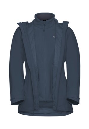 Veste imperméable bleu marine avec un col haut, fermeture éclair complète et capuche ajustable. Dotée d'une texture lisse et de poches zippées.