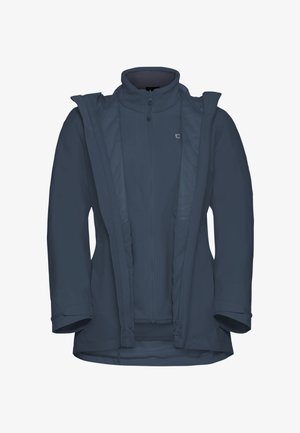 Marineblauwe waterdichte jas met een hoge kraag, volledige ritssluiting en verstelbare capuchon. Heeft een gladde textuur en ritszakken.