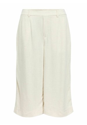 Shorts beiges à taille haute et jambes larges, avec passants pour ceinture et un pli net sur le devant, fabriqués en tissu léger texturé.