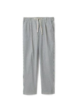 Leichte Baumwollhose mit vertikalen blau-weißen Streifen, elastischem Bund, Kordelzug und Seitentaschen.