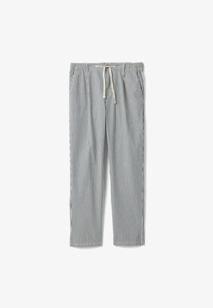 Leichte Baumwollhose mit vertikalen blau-weißen Streifen, elastischem Bund, Kordelzug und Seitentaschen.