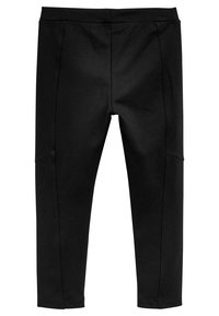 Leggings neri, realizzati in un tessuto morbido, presentano un design aderente con sottili tasche laterali e una cintura comoda.