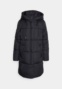 Sort puffersjakke med hætte, der har et quiltet design, to lynlåslommer på siden og snoretræk ved halsen. Glat tekstur.