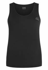 Débardeur noir en tissu lisse et extensible. Il présente un col rond et un logo discret sur le côté gauche de la poitrine.