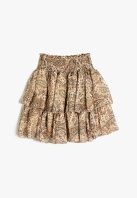Gonna corta a fantasia con vita smock, design a balze sovrapposte, di colore beige con motivi paisley in marrone, verde e blu.