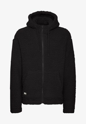 Schwarze Fleece-Hoodie mit strukturiertem Außenmaterial, durchgehendem Reißverschluss, Vordertaschen und Kapuze mit Kordelzug. Weiches Material und lässige Passform.