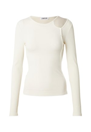 Weißes, gerippte Langarmshirt mit einzigartigem Schulterauschnitt und Druckknopf-Detail. Hergestellt aus dehnbarem Stoff, der eine figurbetonte Silhouette bietet.