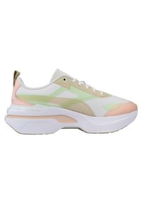 Baskets blanches avec des accents pastel en rose, vert et beige. Elles sont dotées de matériaux en mesh et synthétiques, d'éléments texturés, et d'une semelle épaisse blanche.