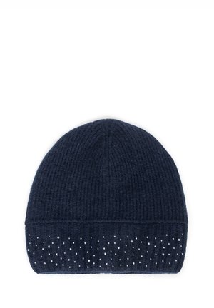 Granatowa wełniana czapka z dzianiny o prążkowanej strukturze i złożonym brzegiem, zdobiona małymi, przezroczystymi cyrkoniami wzdłuż krawędzi dla dodatkowego dekoracyjnego akcentu.