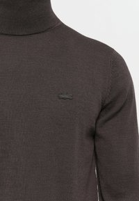 Dark brown knitted turtleneck sweater with a small embroidered crocodile logo on the left chest.