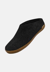 Black felt slip-on shoe with a rounded toe and a textured brown rubber sole. Minimalist design with no visible fastenings or patterns.
