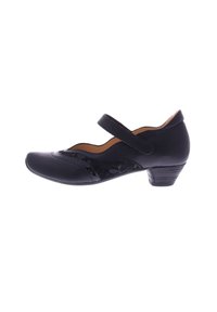 Schwarzer Leder-Mary-Jane-Schuh im Stil mit abgerundeter Zehenpartie, niedrigem, gestapeltem Absatz, floralen Verzierungen an der Seite und verstellbarem Riemen.