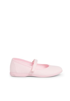Pantofi Mary Jane roz din neopren cu talpă plată și o curea Velcro pe partea superioară, având vârful rotunjit și o textură netedă.