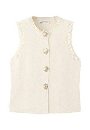 Cardigan sans manches en maille crème avec encolure ronde et quatre boutons décoratifs en forme de fleur sur le devant.