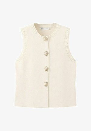 Cardigan sans manches en maille crème avec encolure ronde et quatre boutons décoratifs en forme de fleur sur le devant.