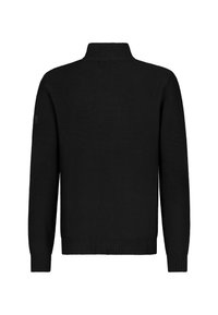 Schwarzer langärmeliger Strickpullover mit geripptem hohen Kragen, Bündchen und Saum, von hinten auf einem weißen Hintergrund gezeigt.